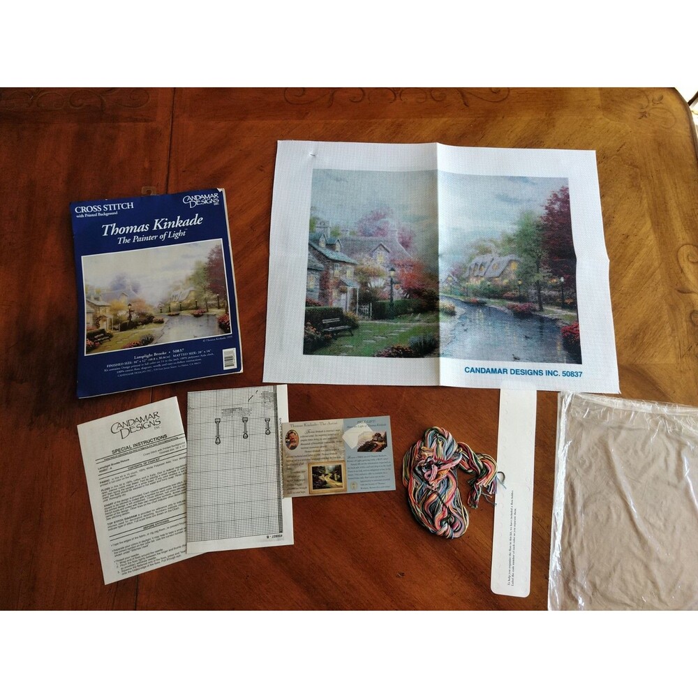 Thomas Kinkade Cross Stitch Kit Lamplight Brook Candamar Designs 16x12" 1995 Vtg